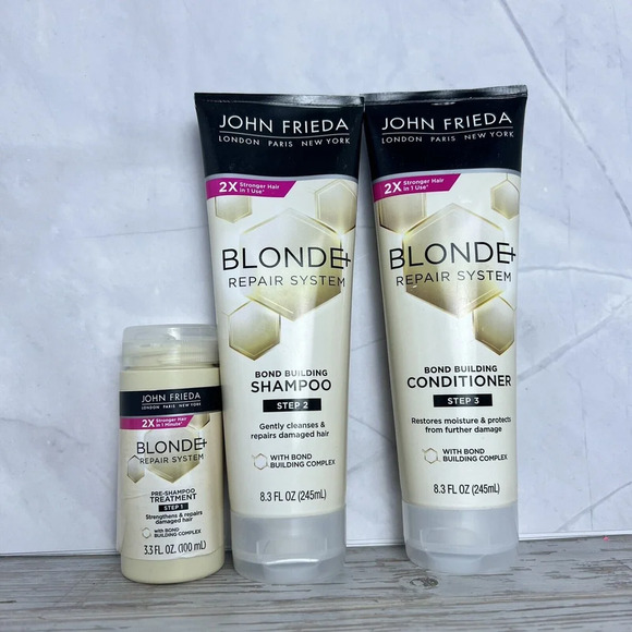 John Frieda Blonde+ Bond Building 3 Piece Set pre Shampoo, Shampoo, &Conditioner - Picture 2 of 12